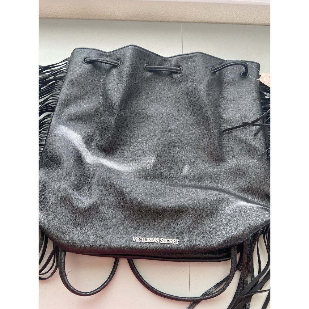 Victoria's Secret Black Fringe Backpack Drawstring Boho Bucket Bag Womens - Picture 5 of 7